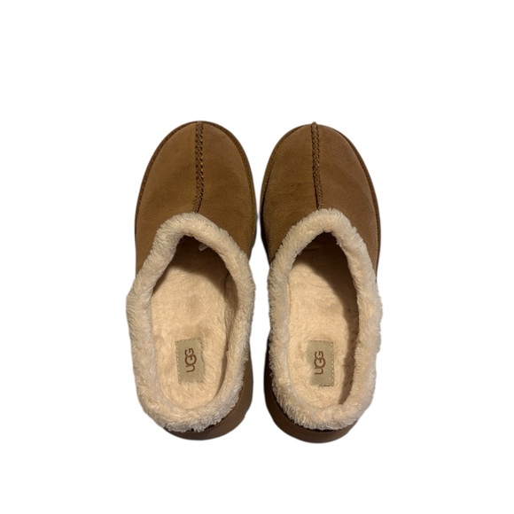 UGG Tan Suede Mules with Plush Cream Trim - Picture 6 of 8